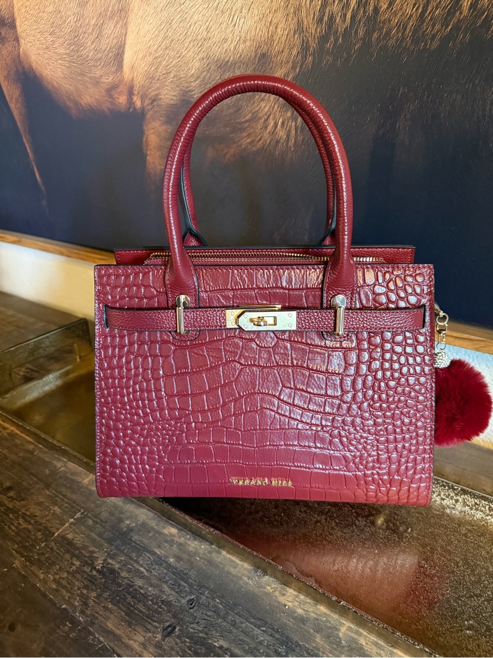 Verano Hill Croc-Embossed Top Handle Bag in Burgundy